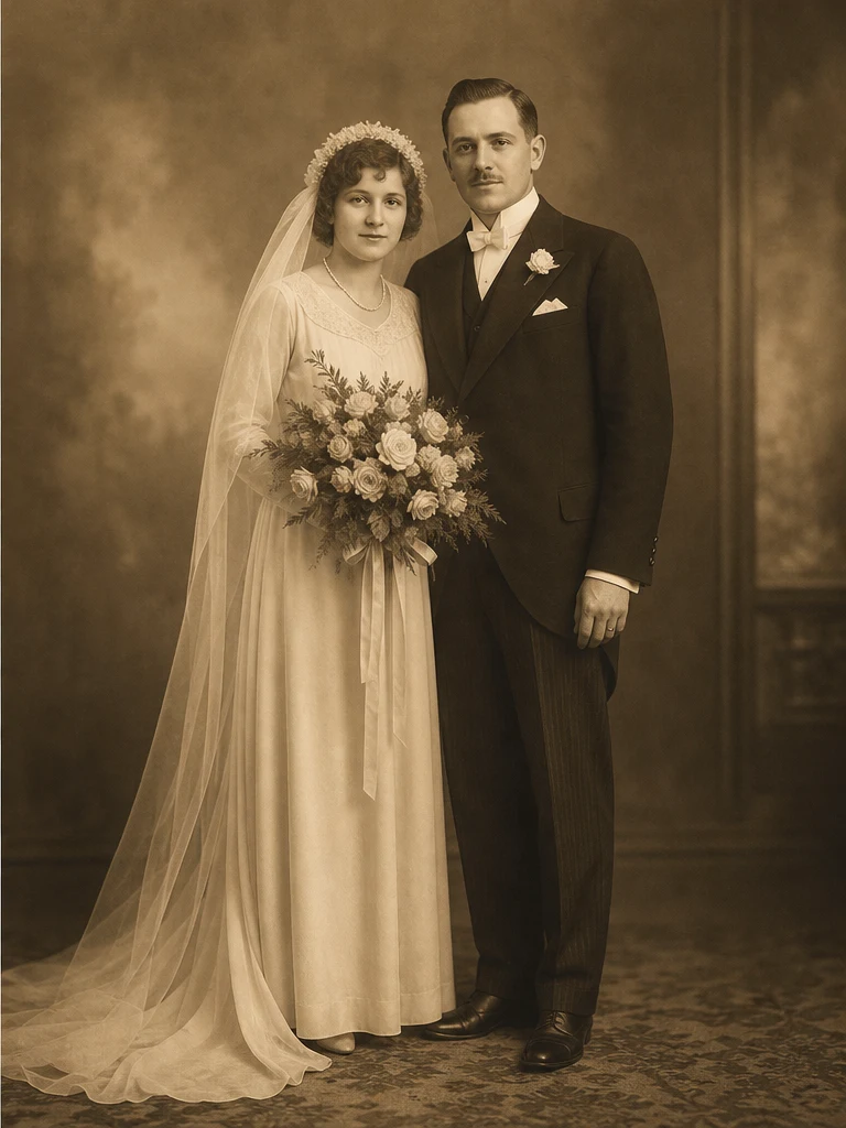 変換後: Faded sepia wedding photo restored with AI photo restore