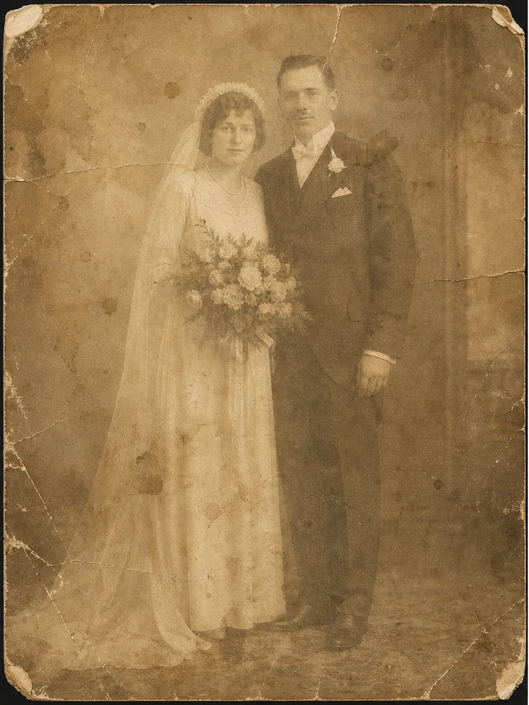 変換前: Faded sepia wedding photo restored with AI photo restore