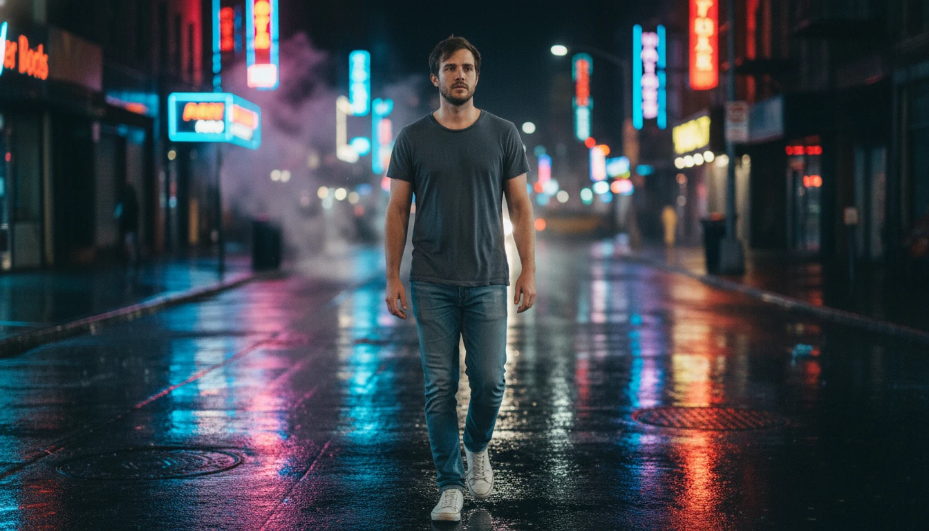 Cinematic night street portrait of a man with neon reflections, generated by Image 2