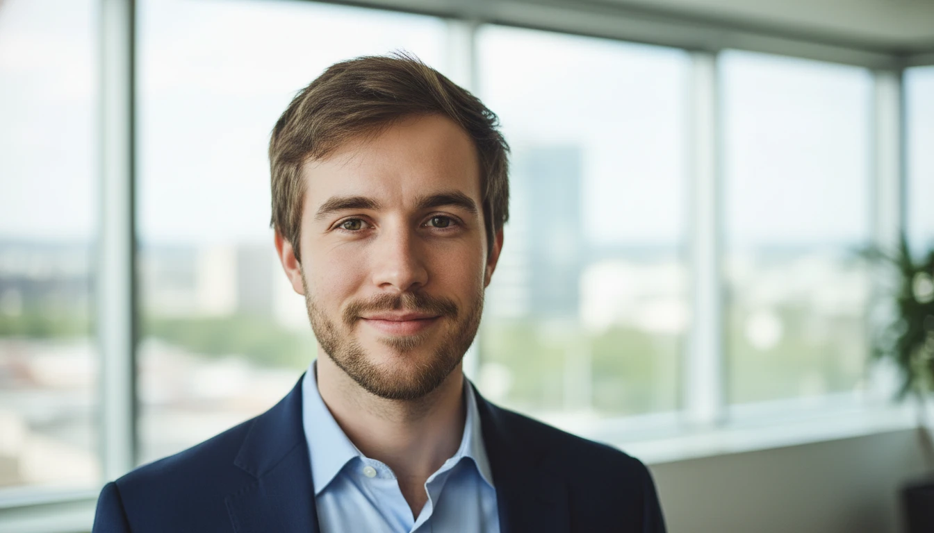 Professional LinkedIn headshot portrait of a man in a bright modern office, generated by Image 2