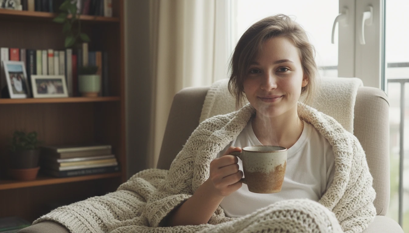 Cozy indoor portrait of a woman by a window with a coffee mug and blanket, generated by Image 2