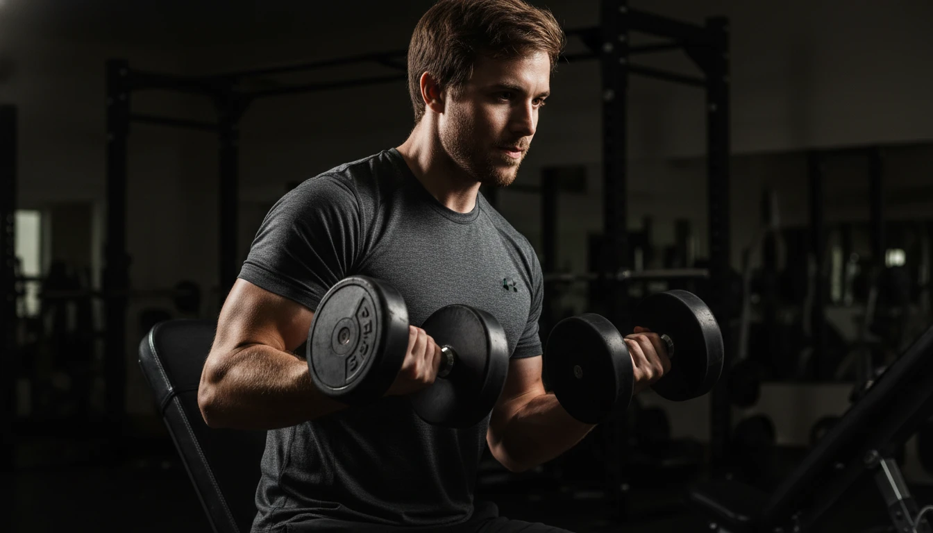 Fitness progress portrait of a man lifting dumbbells with dramatic side lighting, generated by Image 2