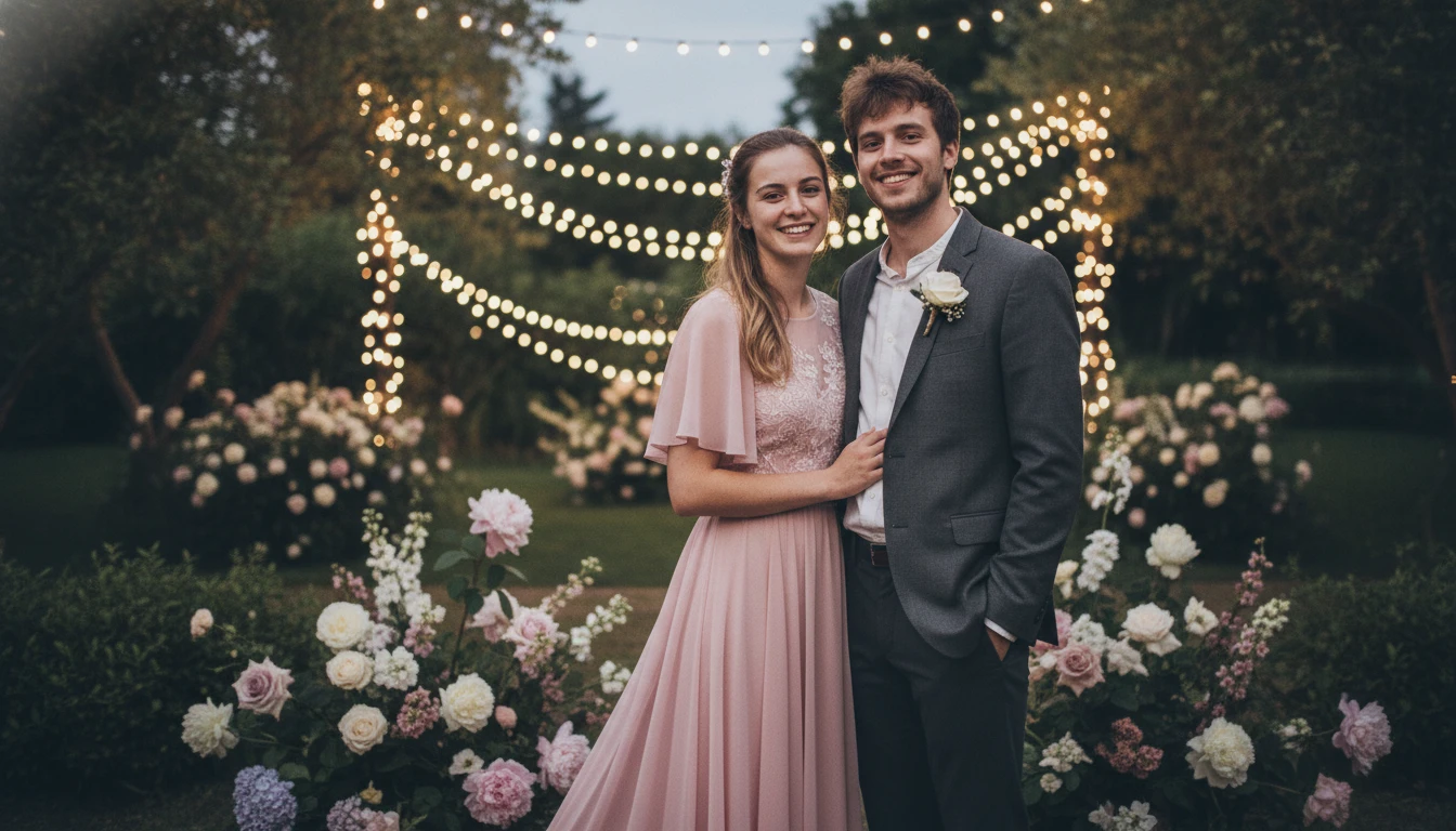 Elegant pre-wedding couple portrait in a flower garden with fairy lights, generated by Image 2