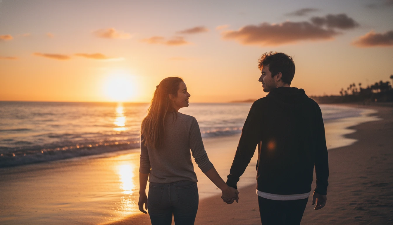 Romantic couple walking hand in hand on a beach at sunset, generated by Image 2