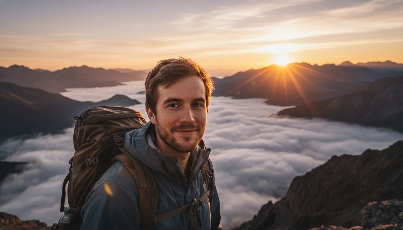 Travel explorer portrait of a man on a mountain viewpoint at sunrise, generated by Image 2