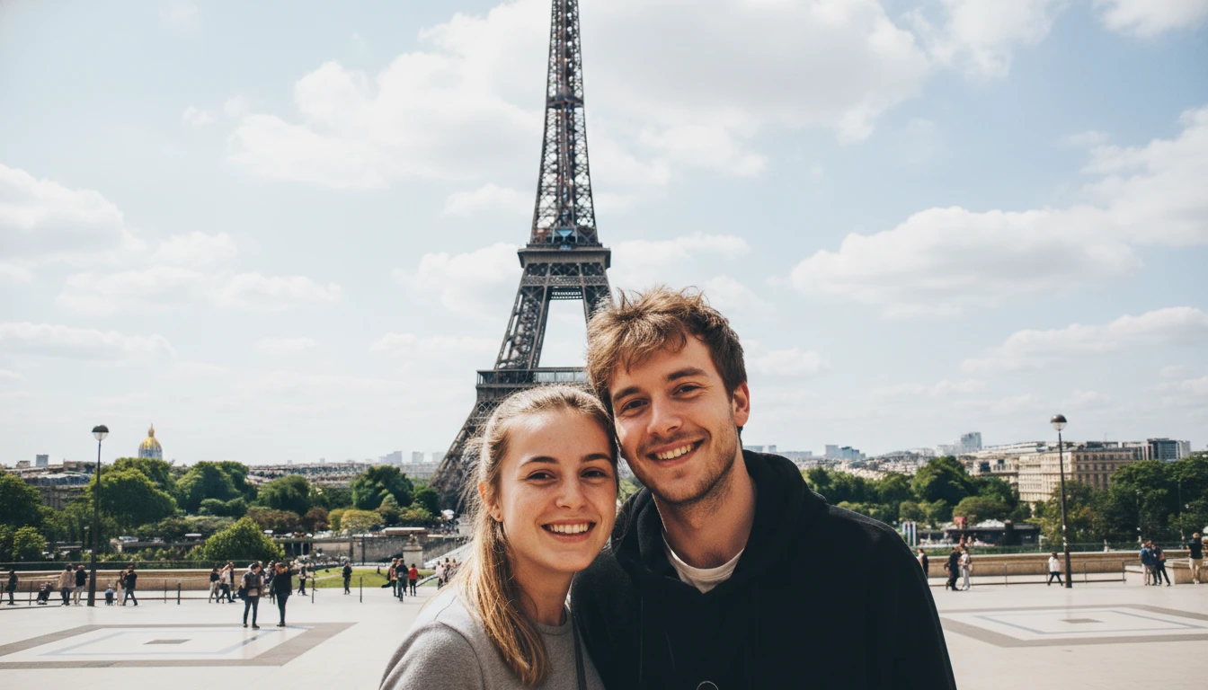 Vibrant travel postcard portrait of a couple at the Eiffel Tower, generated by Image 2
