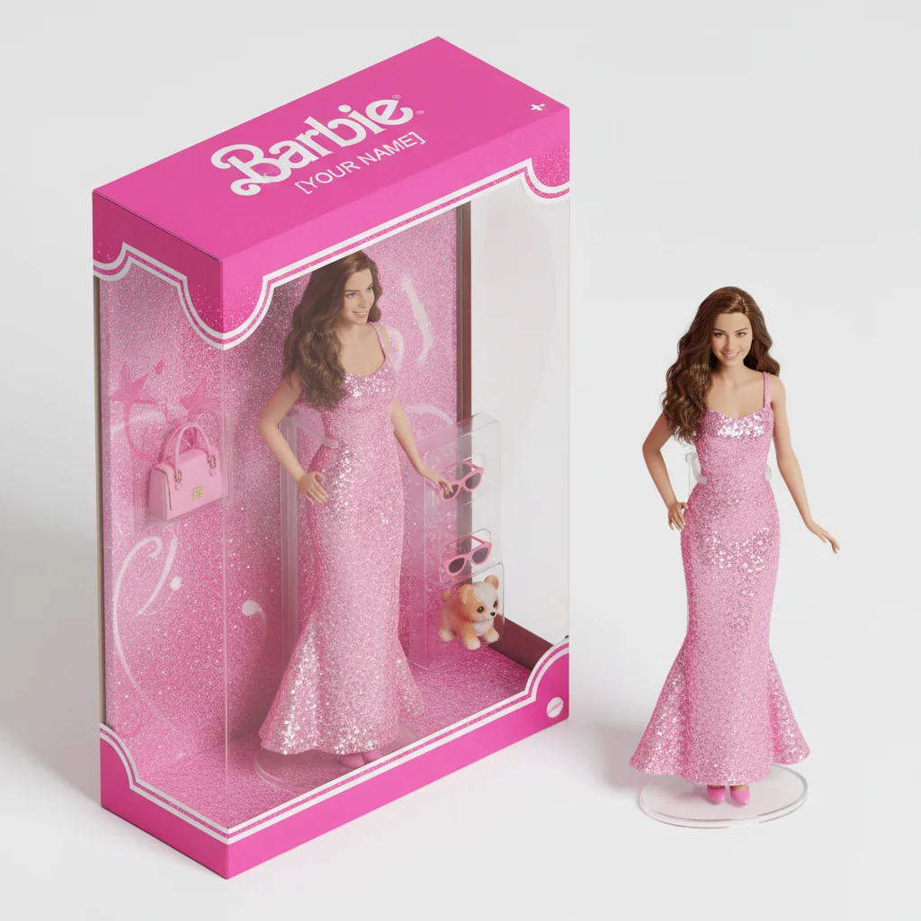 AI Barbie doll figurine in a glossy pink toy box generated by Image 2