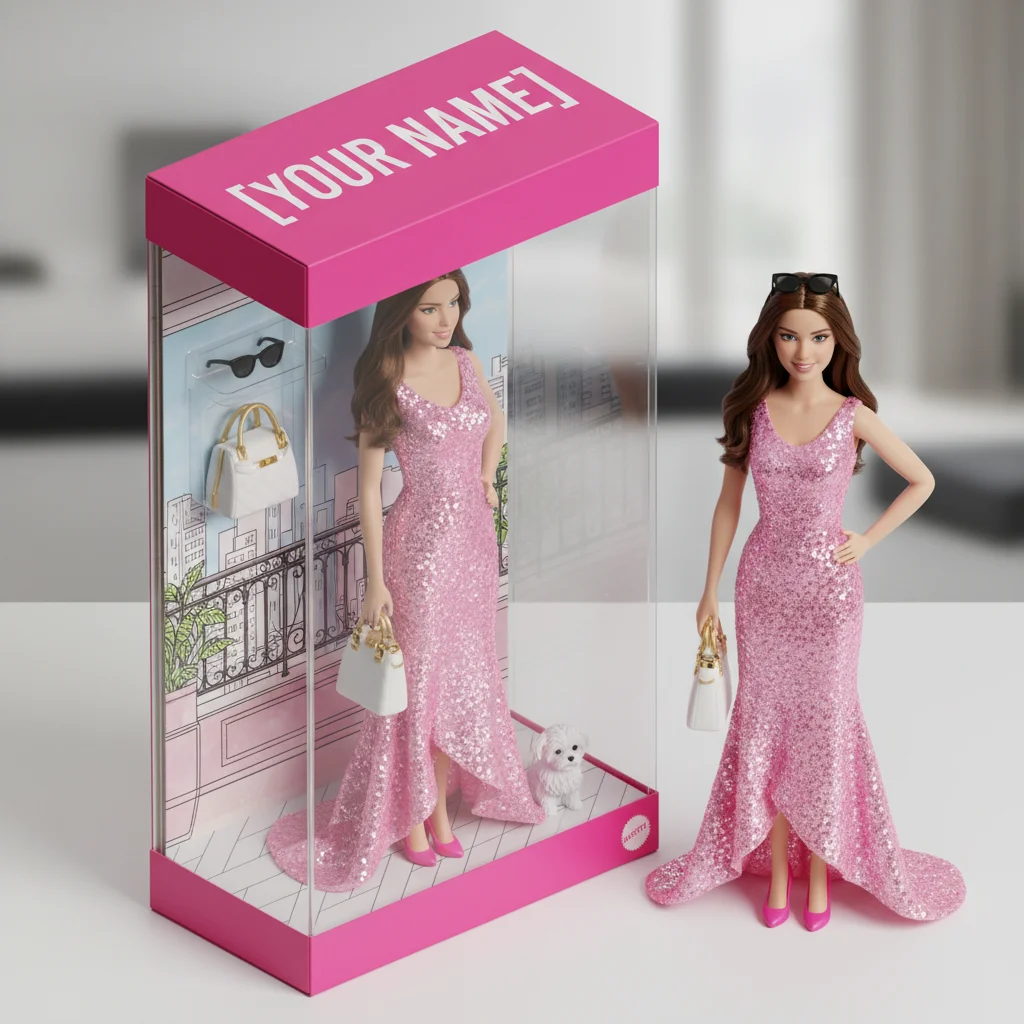 AI Barbie doll in signature pink packaging box with designer accessories generated by Image 2