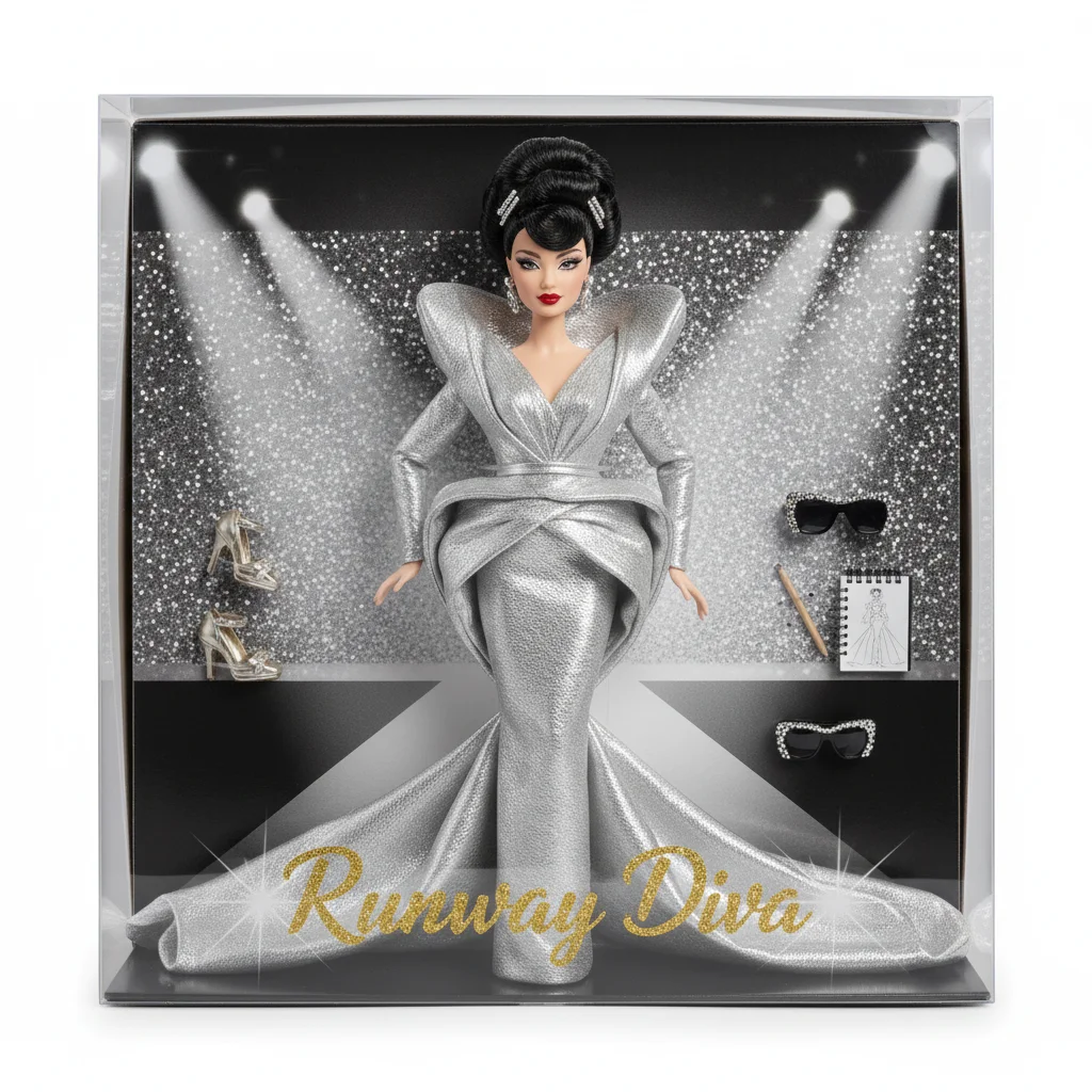 AI Fashion Runway Barbie doll with designer outfit and sparkles, generated by Image 2