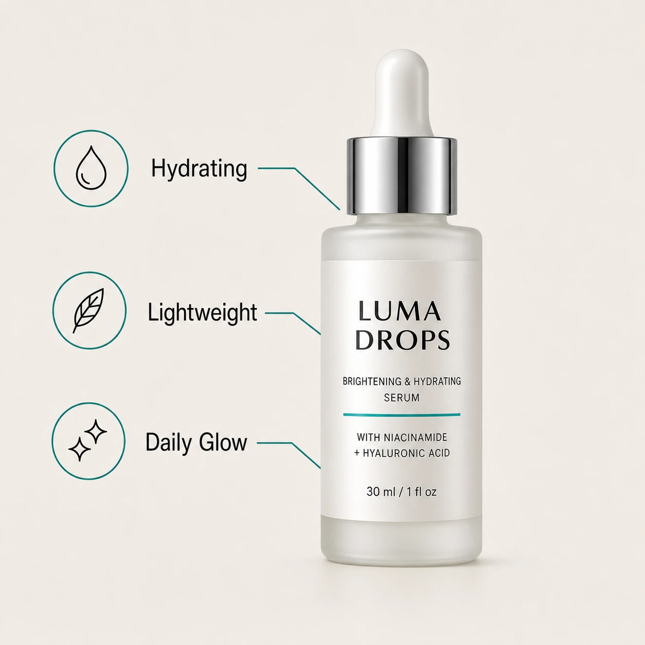 Amazon infographic product image of LUMA DROPS serum with Hydrating, Lightweight, and Daily Glow callouts