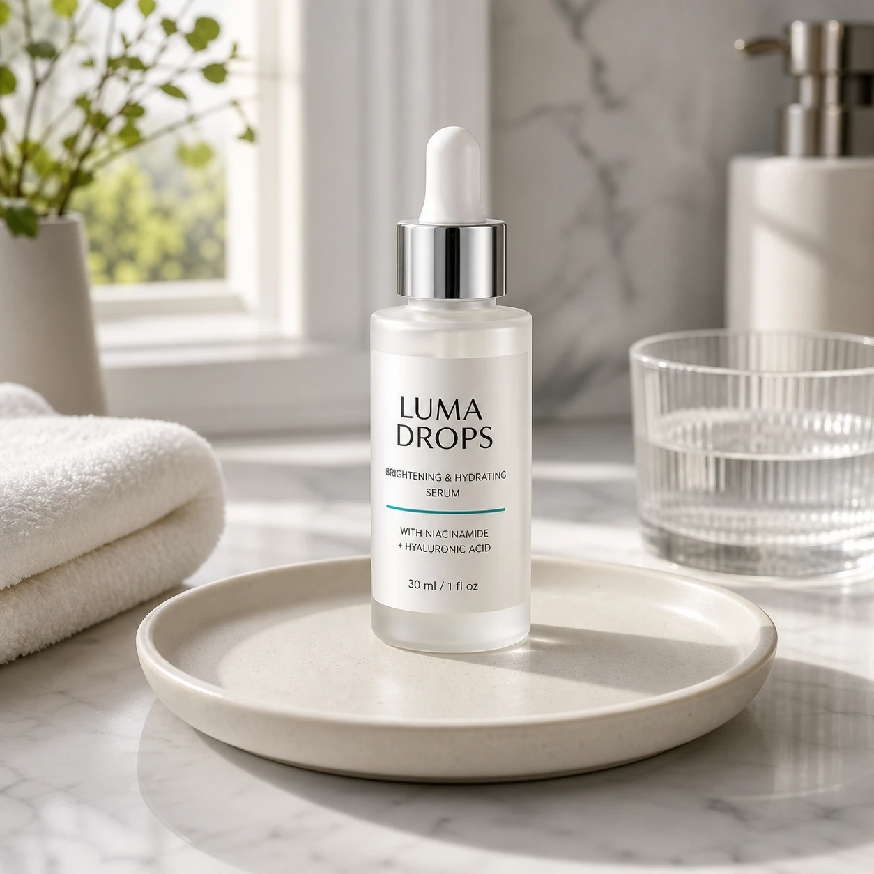 Amazon lifestyle image of LUMA DROPS serum on a bright bathroom vanity with towel and ceramic tray