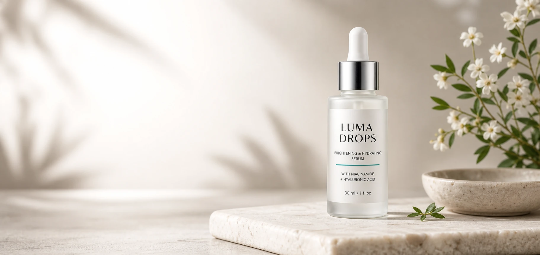 Ecommerce hero shot of LUMA DROPS serum on a pale stone surface with negative space for website copy