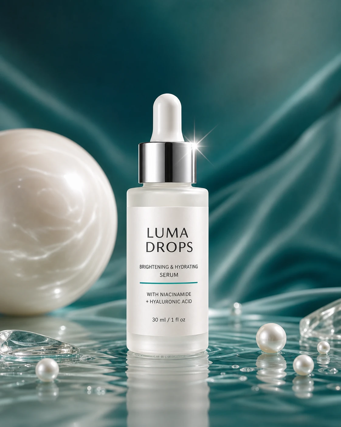 Instagram feed product launch image for LUMA DROPS serum with pearl and teal campaign lighting