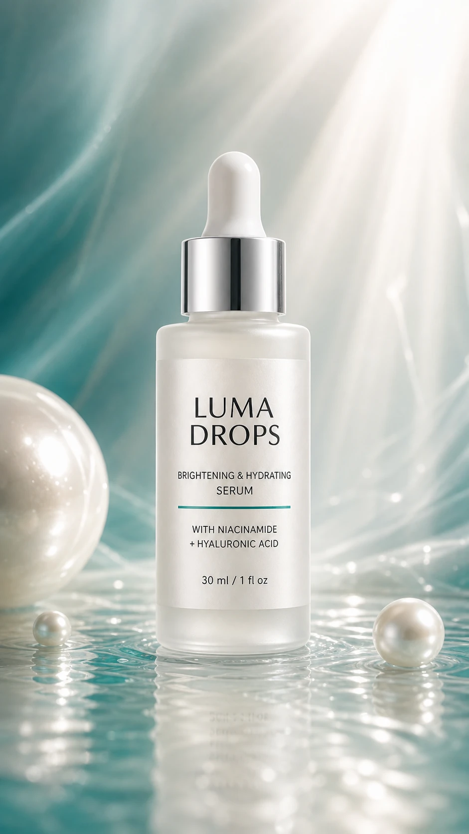 Vertical Instagram Story and Reel cover image for LUMA DROPS serum with soft teal launch lighting