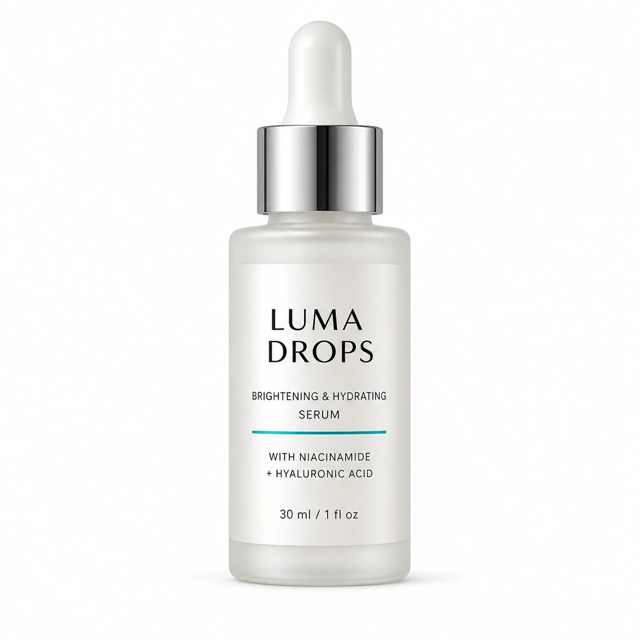 Original product reference image of a fictional LUMA DROPS serum bottle on a white background
