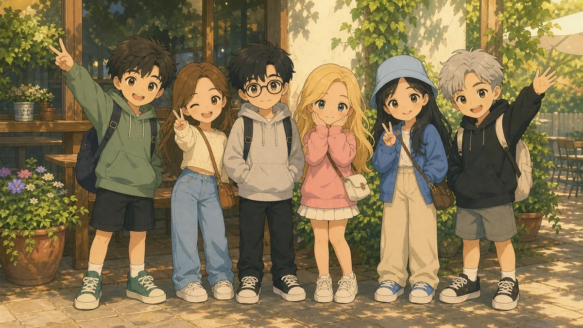 Soft Japanese animation group photo example for a GPT Image 2 prompt