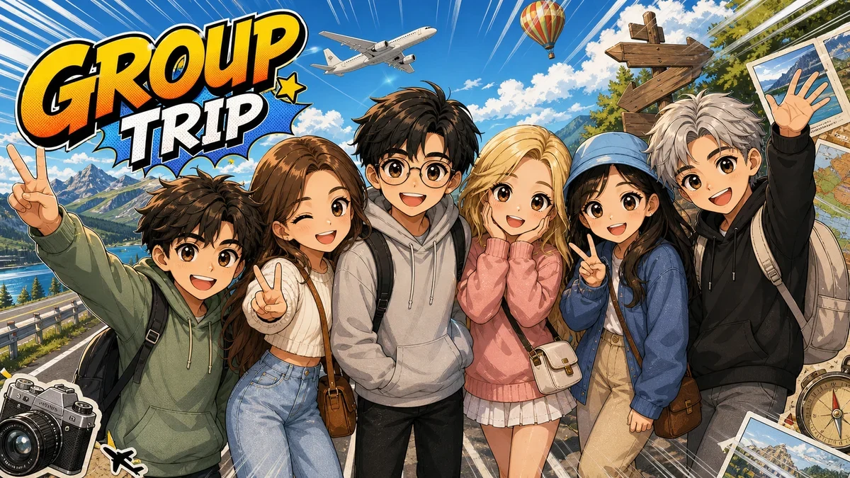 Travel manga cover group photo example for a GPT Image 2 prompt