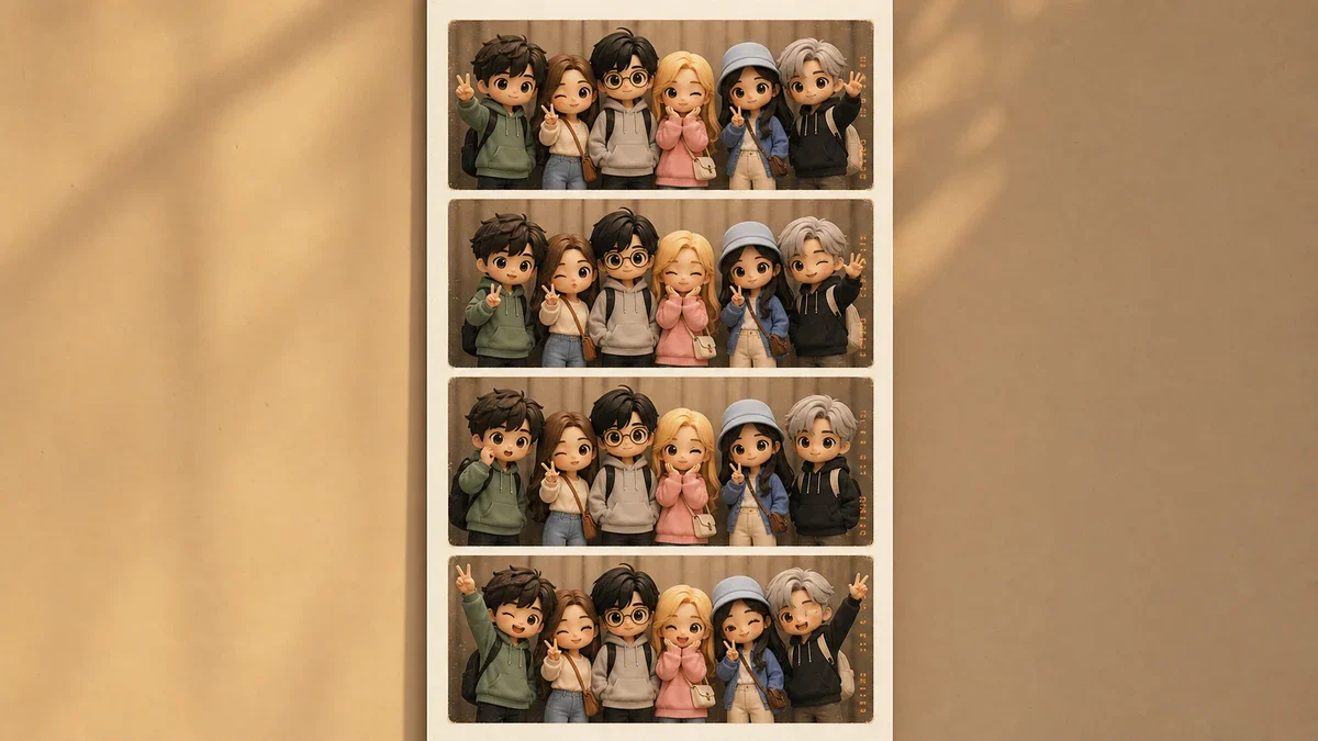 Retro photobooth strip group photo example for a GPT Image 2 prompt