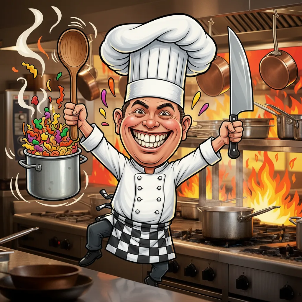 Cartoon caricature of a chef with oversized kitchen tools generated by Image 2