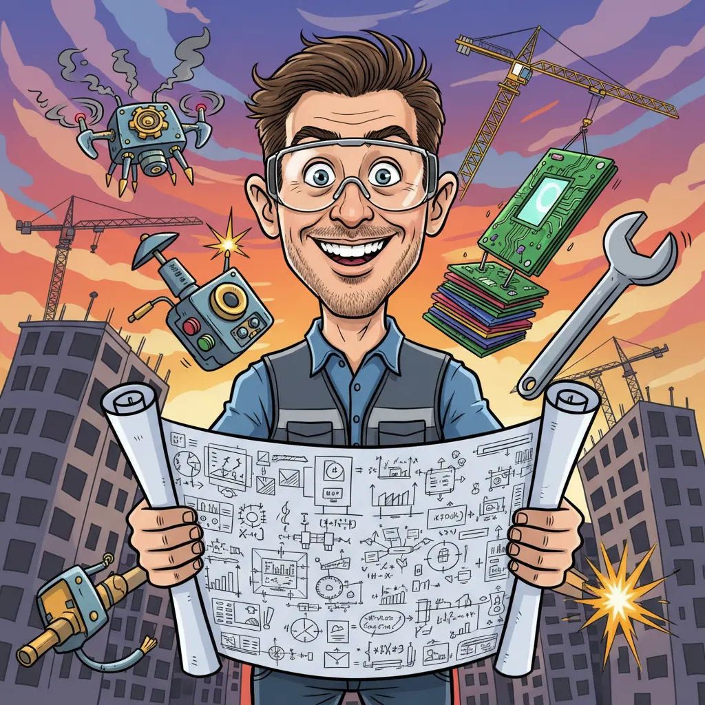 Playful caricature of an engineer holding giant blueprints and gadgets generated by Image 2