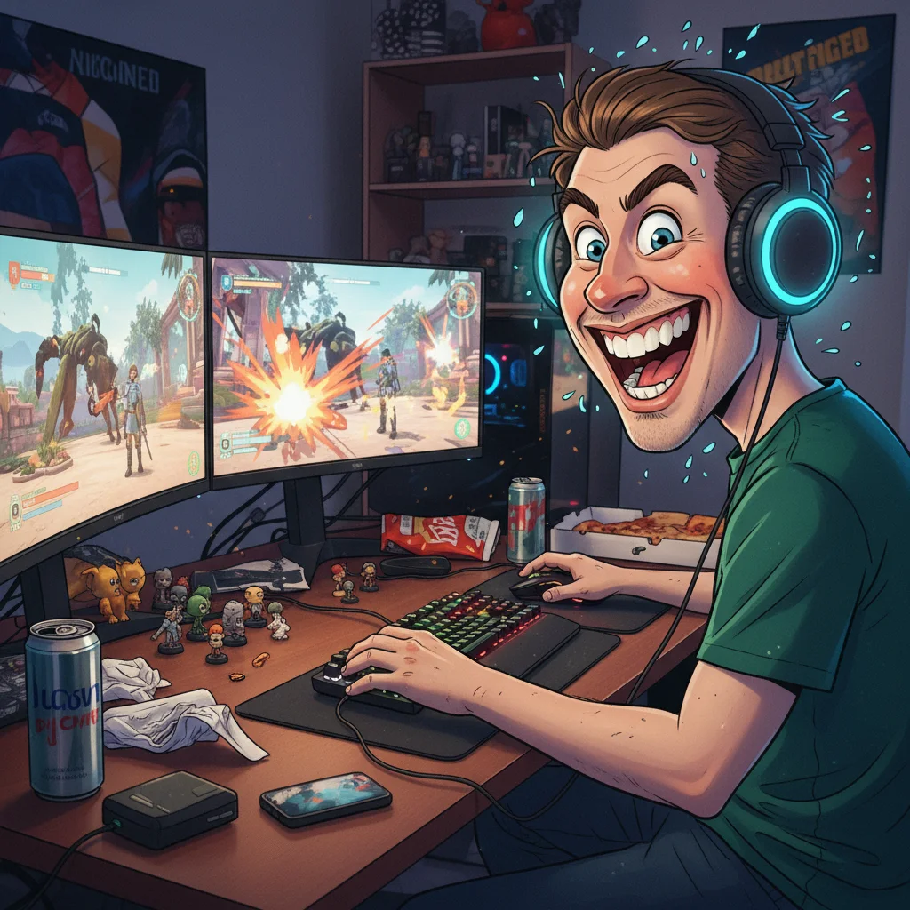 Caricature of a gamer with oversized headphones and multiple screens generated by Image 2