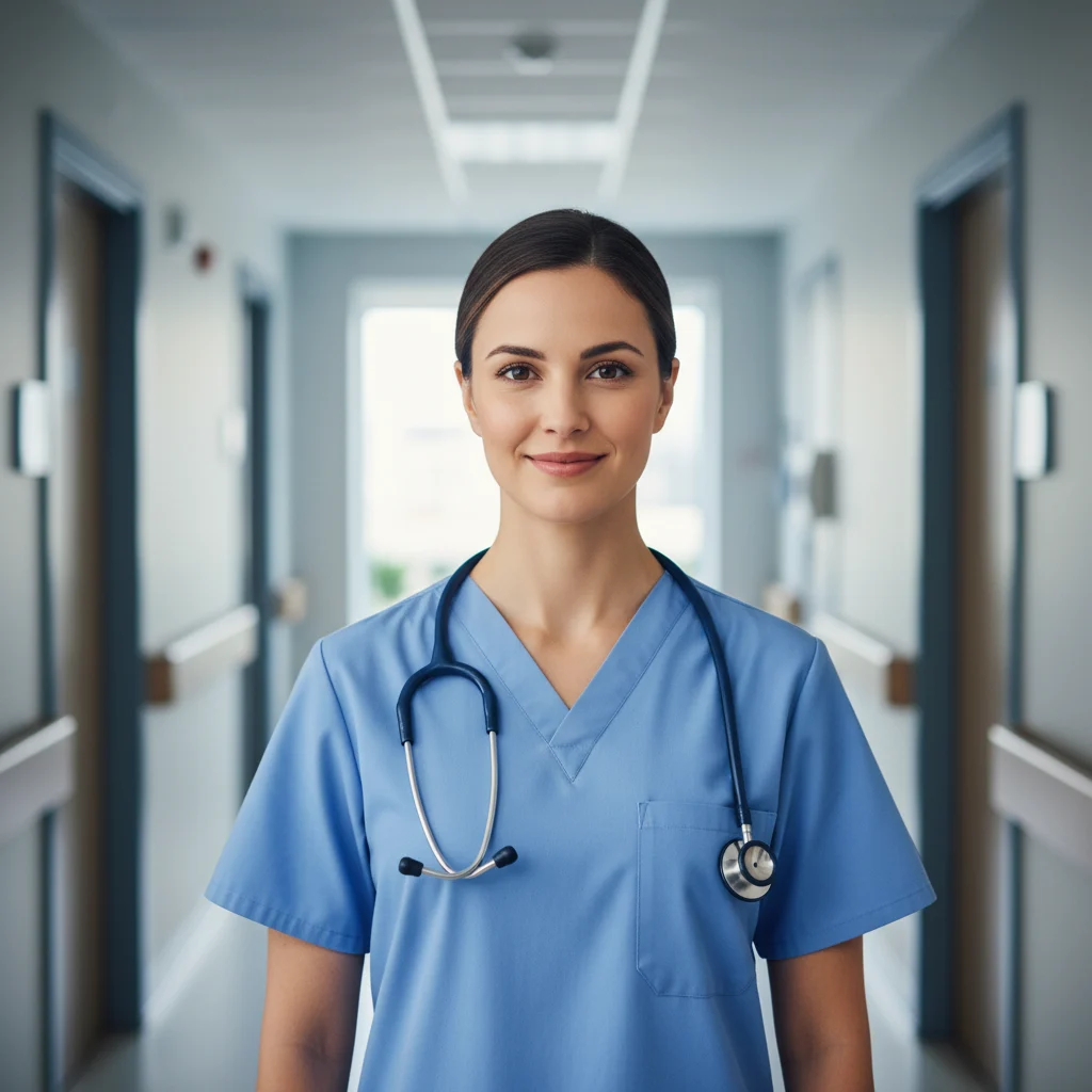 Original portrait of a nurse before AI caricature transformation — input for Image 2 caricature prompt