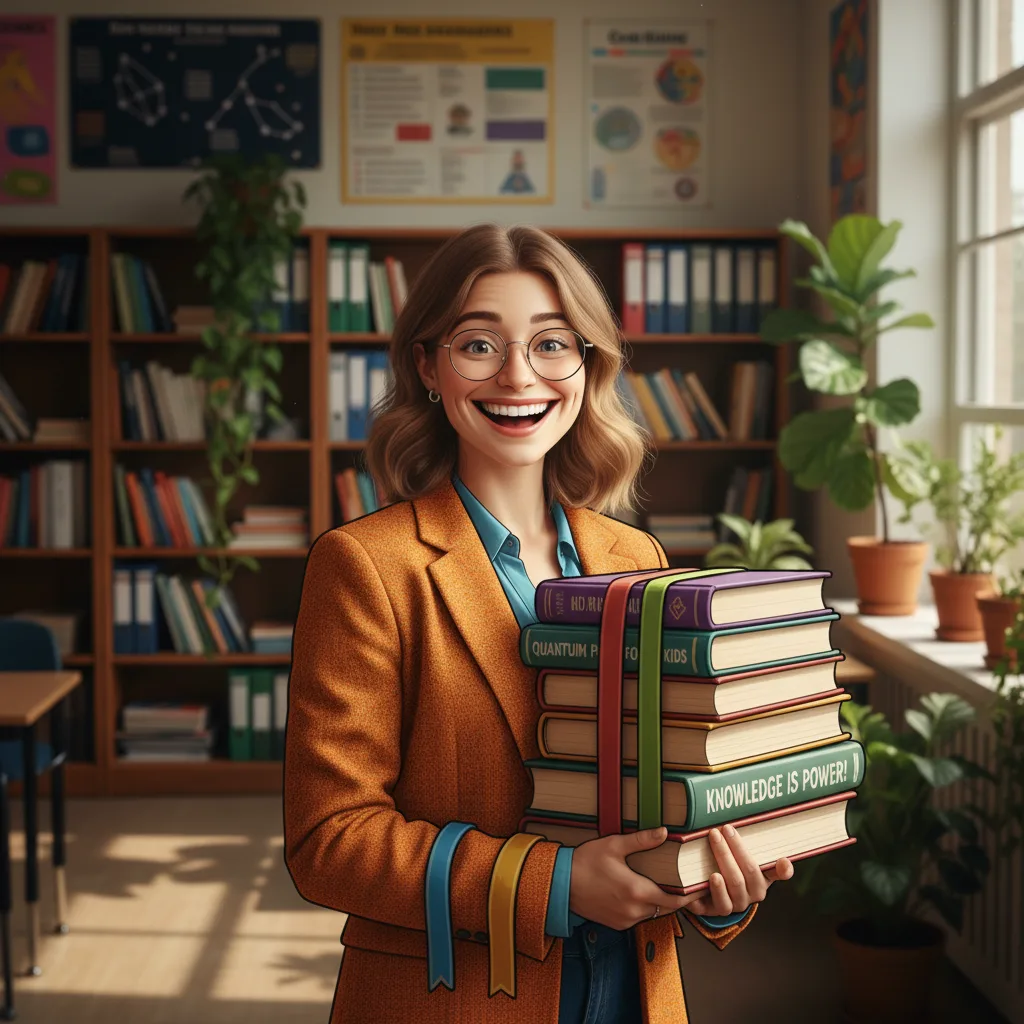 Caricature of a teacher with oversized books and a big smile generated by Image 2