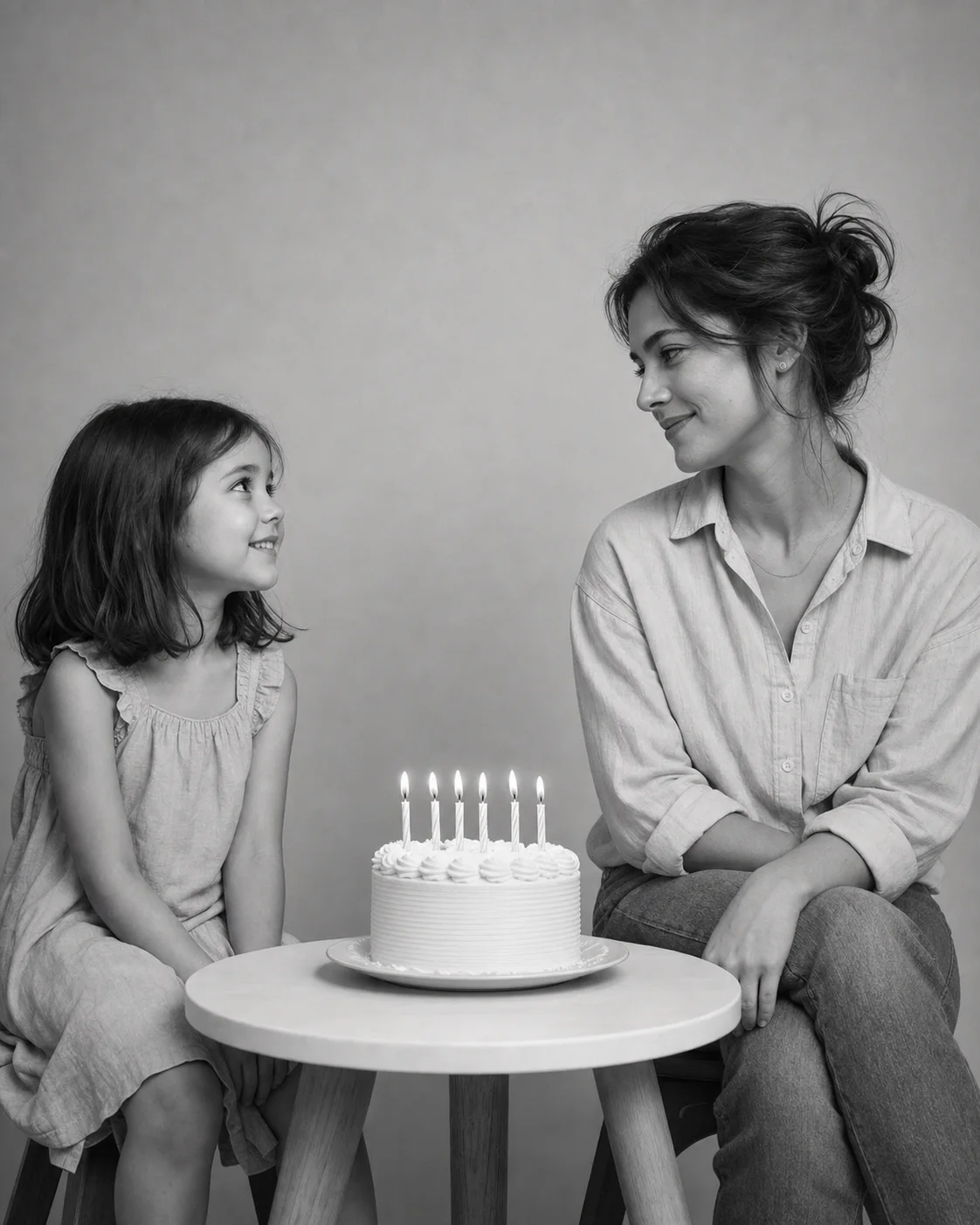 Black-and-white studio portrait of a person sitting beside their childhood self with a birthday cake generated by Image 2