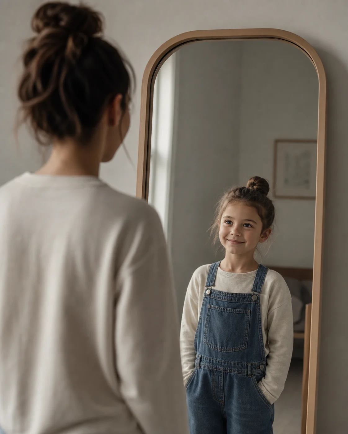 Mirror reflection portrait where an adult sees their childhood self for the Meet Your Younger Self trend