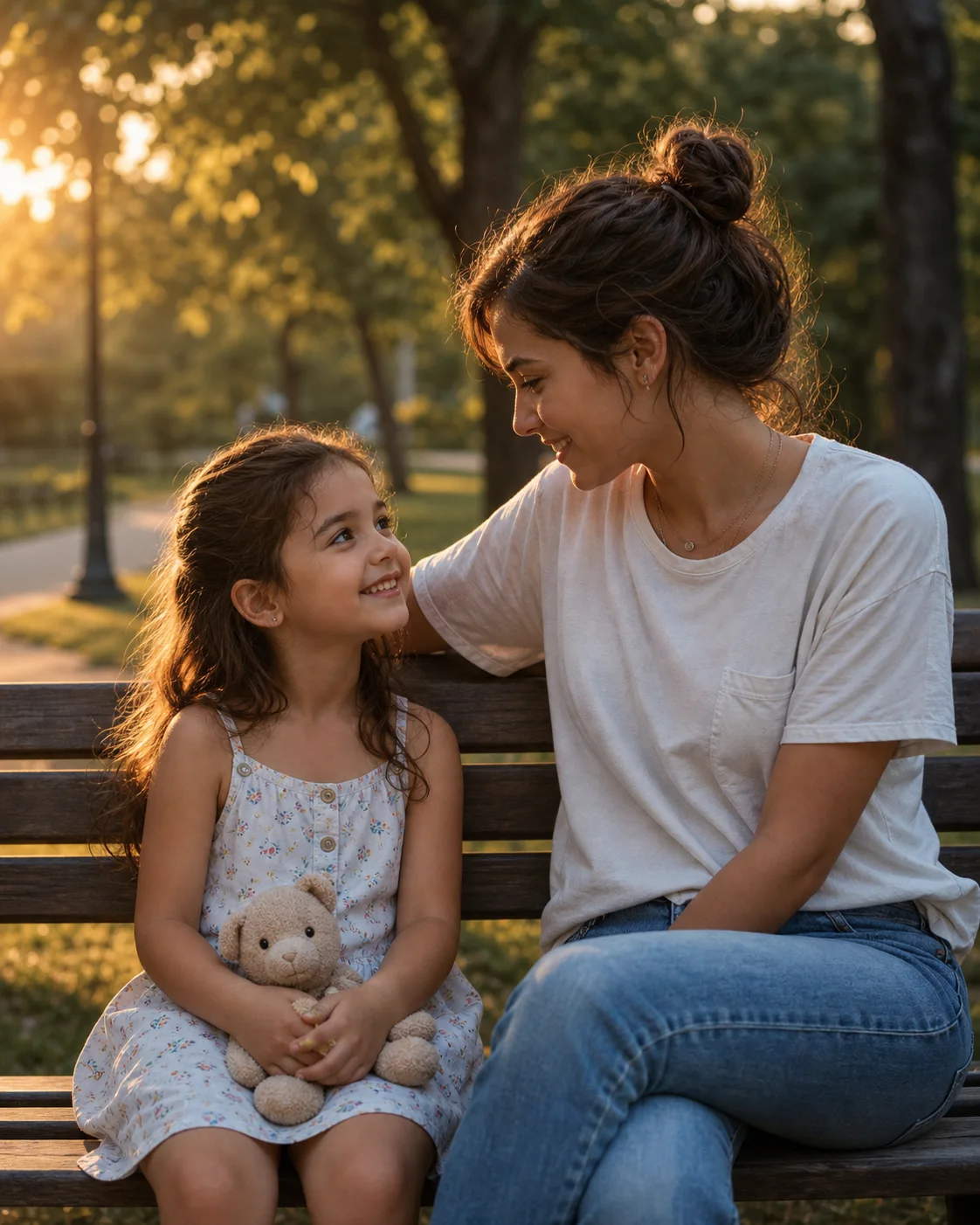 Adult sitting with childhood self on a park bench at sunset for a Childhood vs Present AI photo