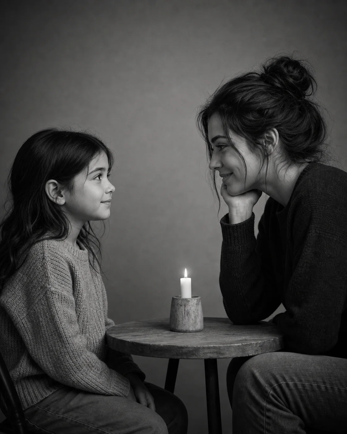 You made it emotional studio portrait of an adult meeting their younger self