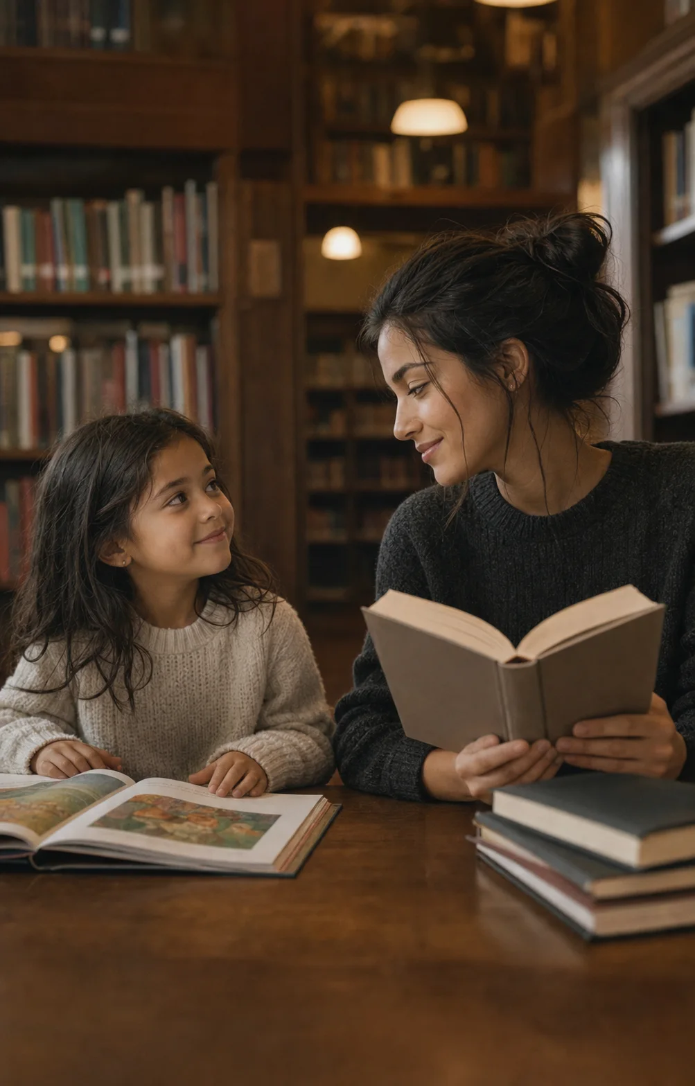 Childhood self and present-day self sitting together in a warm library scene
