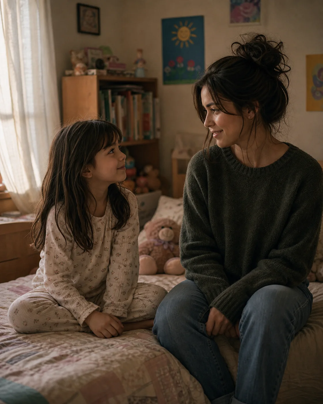Present-day adult sitting with their younger self inside a nostalgic childhood bedroom