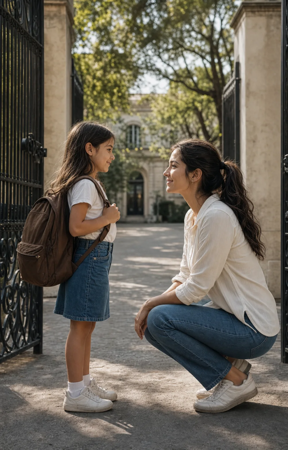 Adult meeting childhood self outside an old school gate for the Childhood vs Present trend