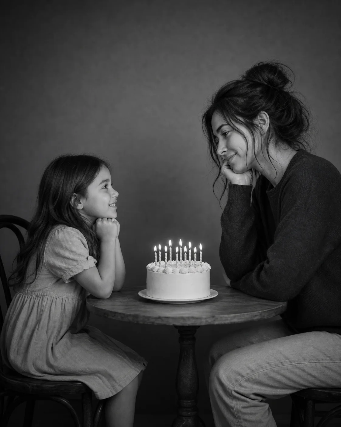 Birthday portrait of an adult meeting their younger self across a cake