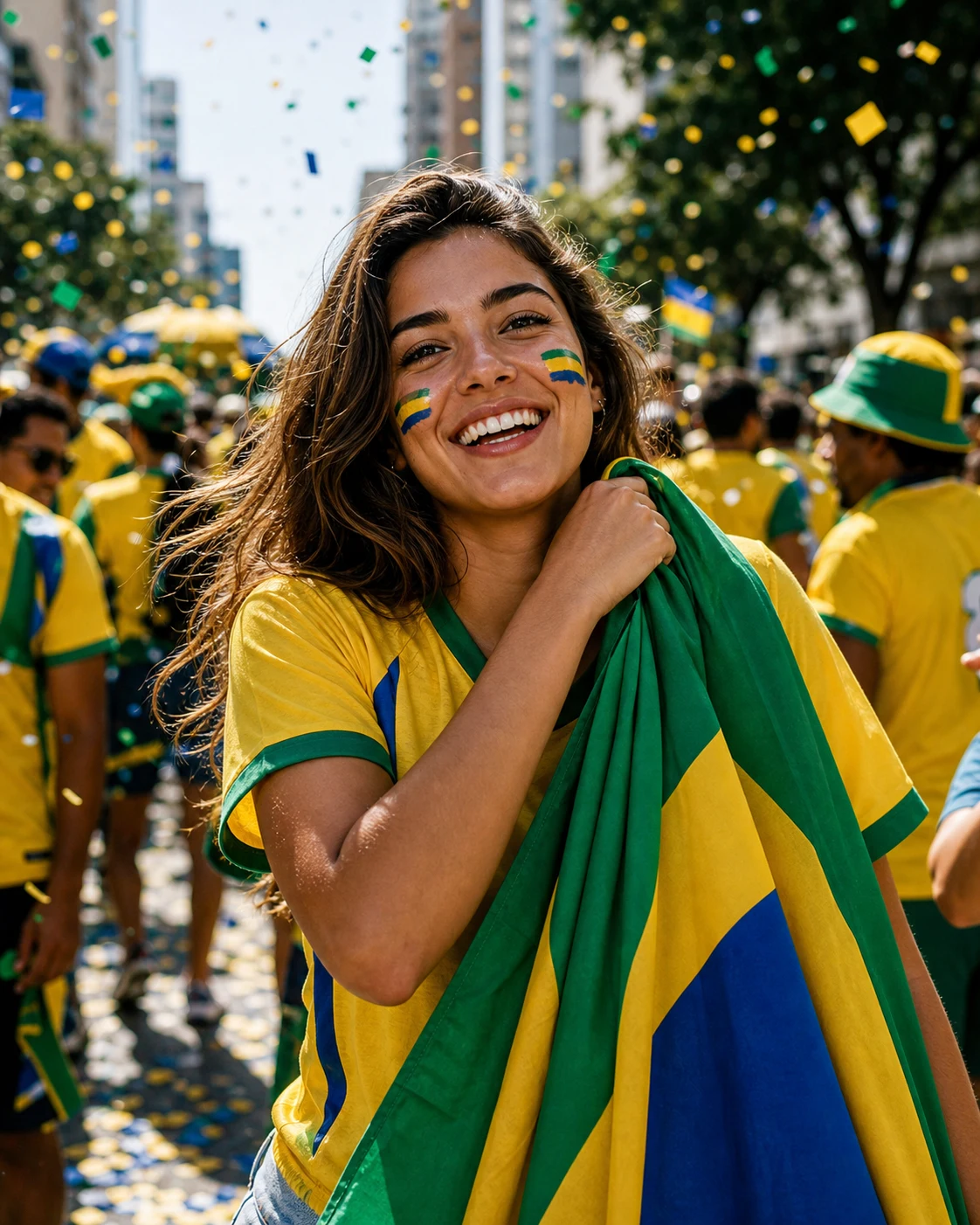 World Cup-style country supporter portrait example with yellow, green, and blue styling, street celebration crowd, confetti, and face paint generated with Image 2