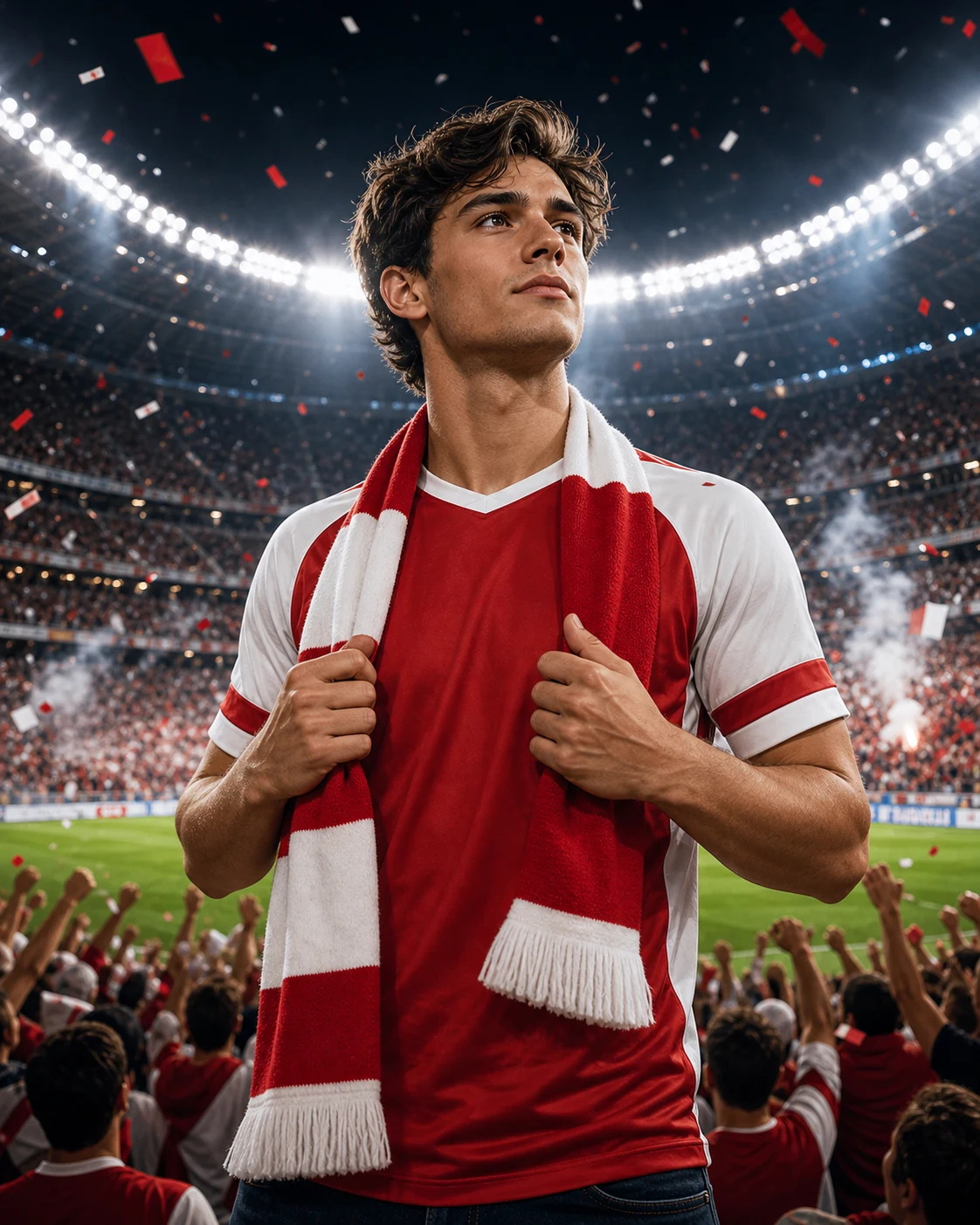 World Cup-style stadium hero fan poster example with a red and white supporter shirt, matching scarf, floodlights, smoke, and confetti generated with Image 2