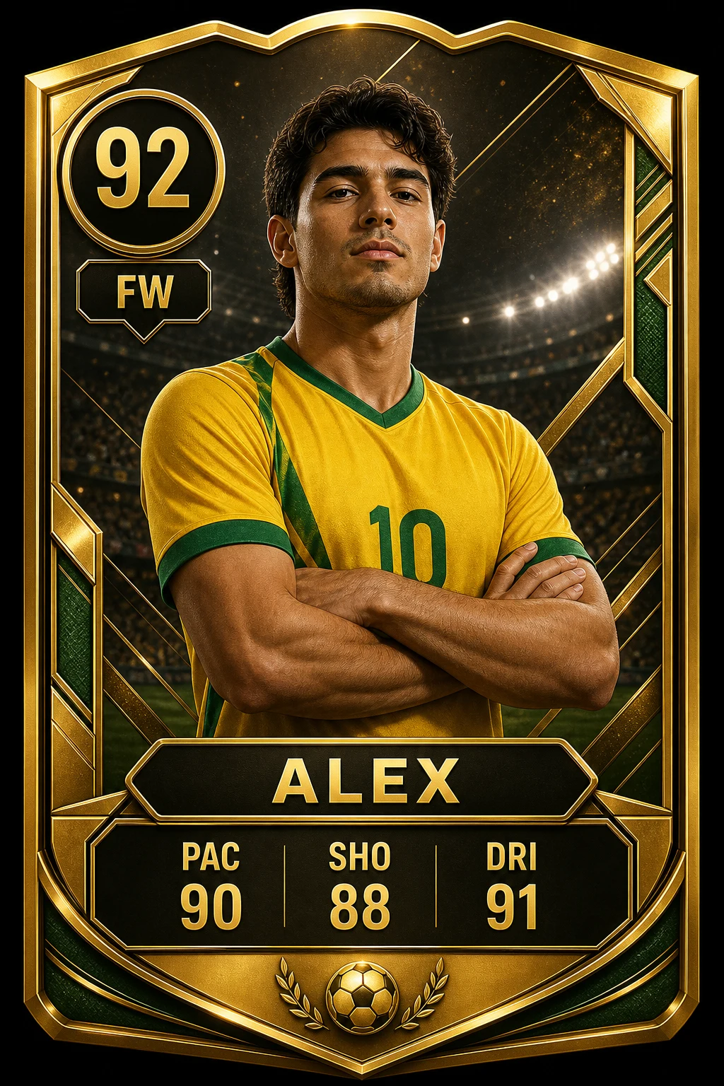 Gold World Cup-style football card example with rating, position, custom name, shirt number, and stat labels generated with Image 2