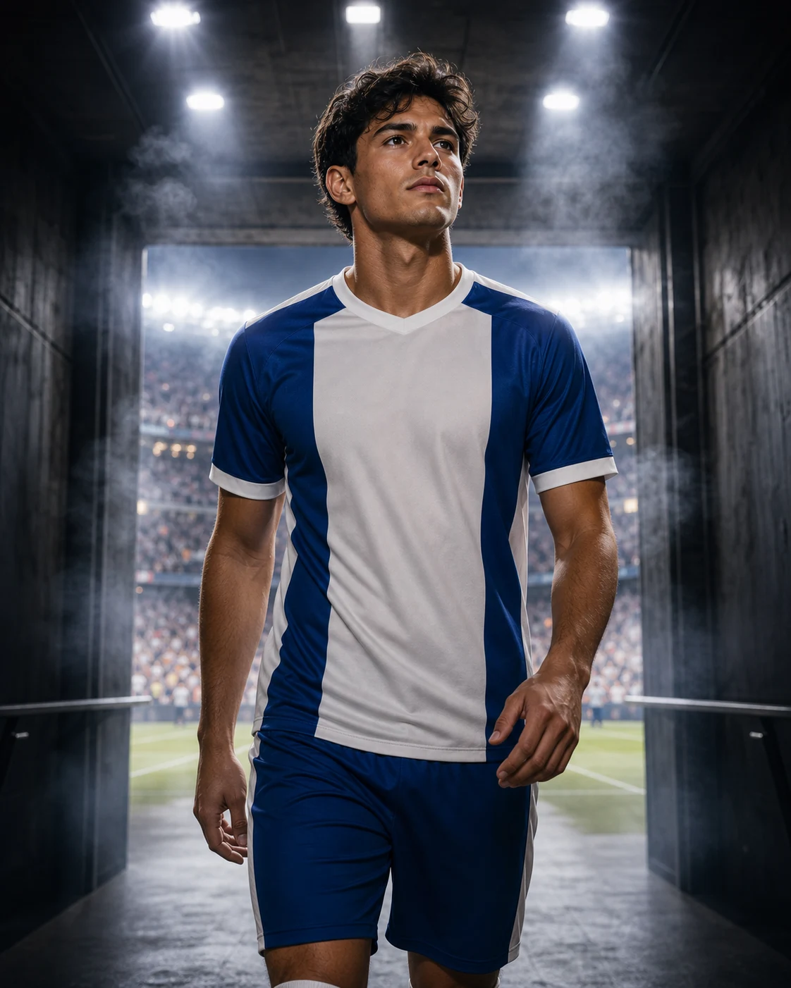 World Cup-style stadium tunnel player poster example with a blue and white original football kit, tunnel smoke, and stadium lights generated with Image 2