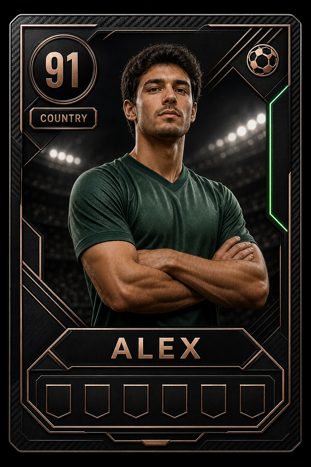 Black luxury World Cup-style football card example with rating 91, COUNTRY label, ALEX name, rose-gold frame, and matte black finish generated with Image 2