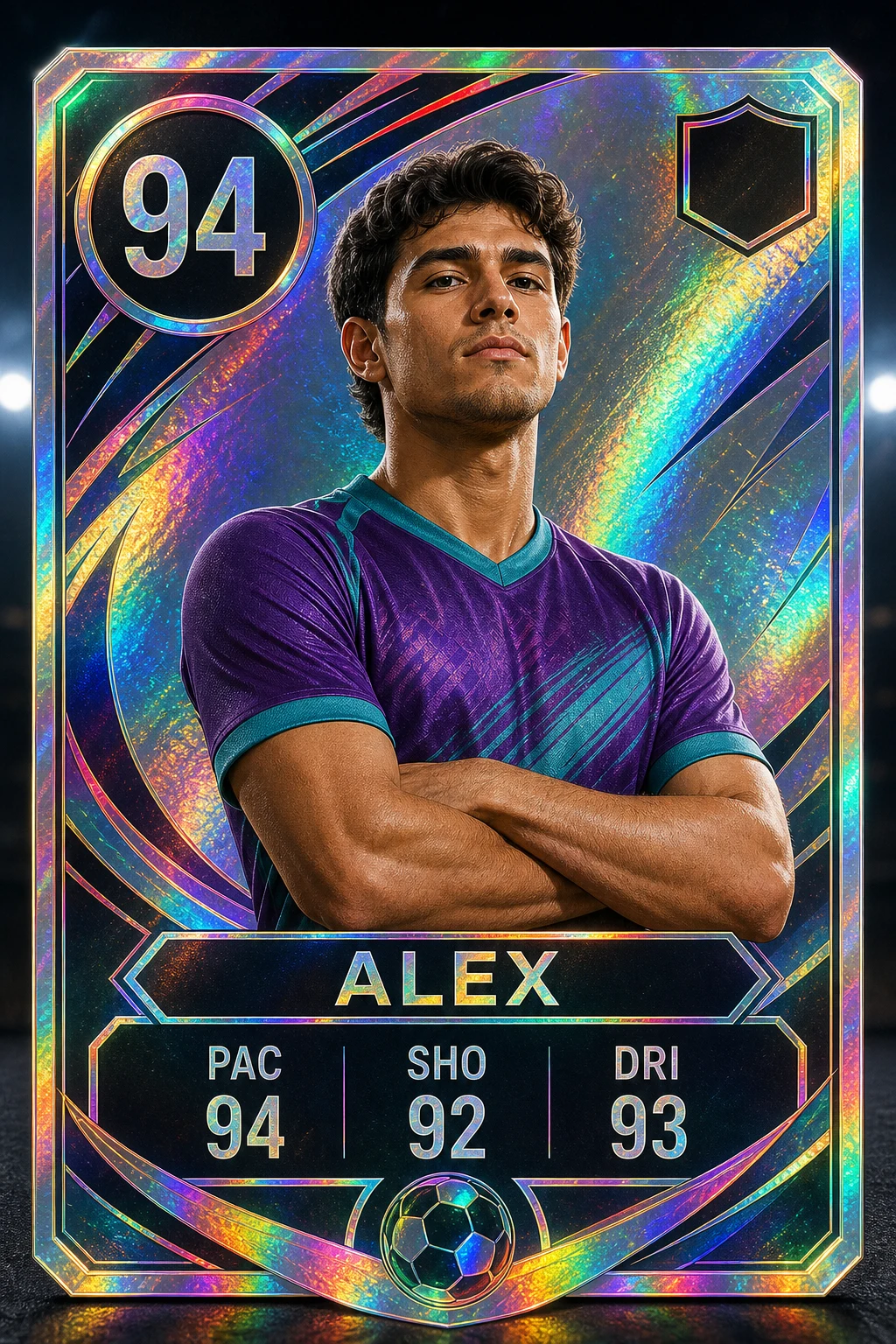 Holographic rare World Cup-style football card example with rating 94, ALEX name, PAC SHO DRI stats, and rainbow foil highlights generated with Image 2