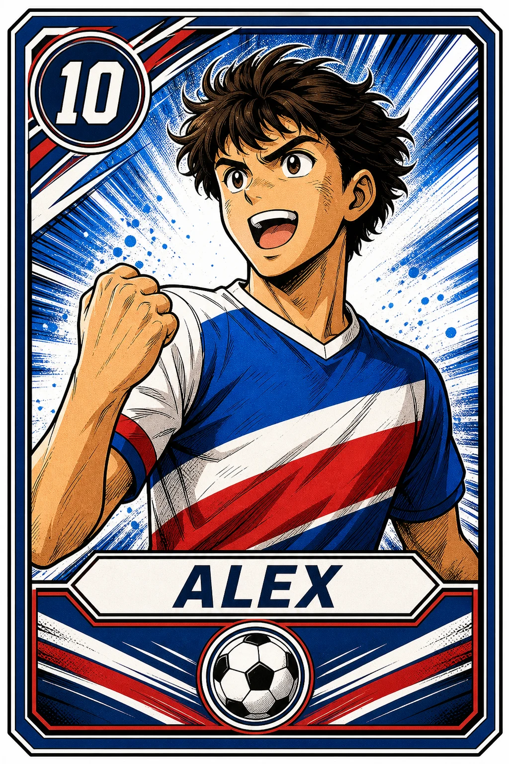 Manga World Cup-style soccer card example with number 10, ALEX name, bold outlines, speed lines, and blue red white card design generated with Image 2