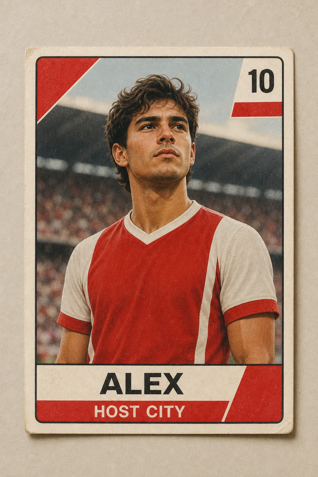 Retro World Cup-style football sticker card example with ALEX, HOST CITY, number 10, and a red and white border generated with Image 2