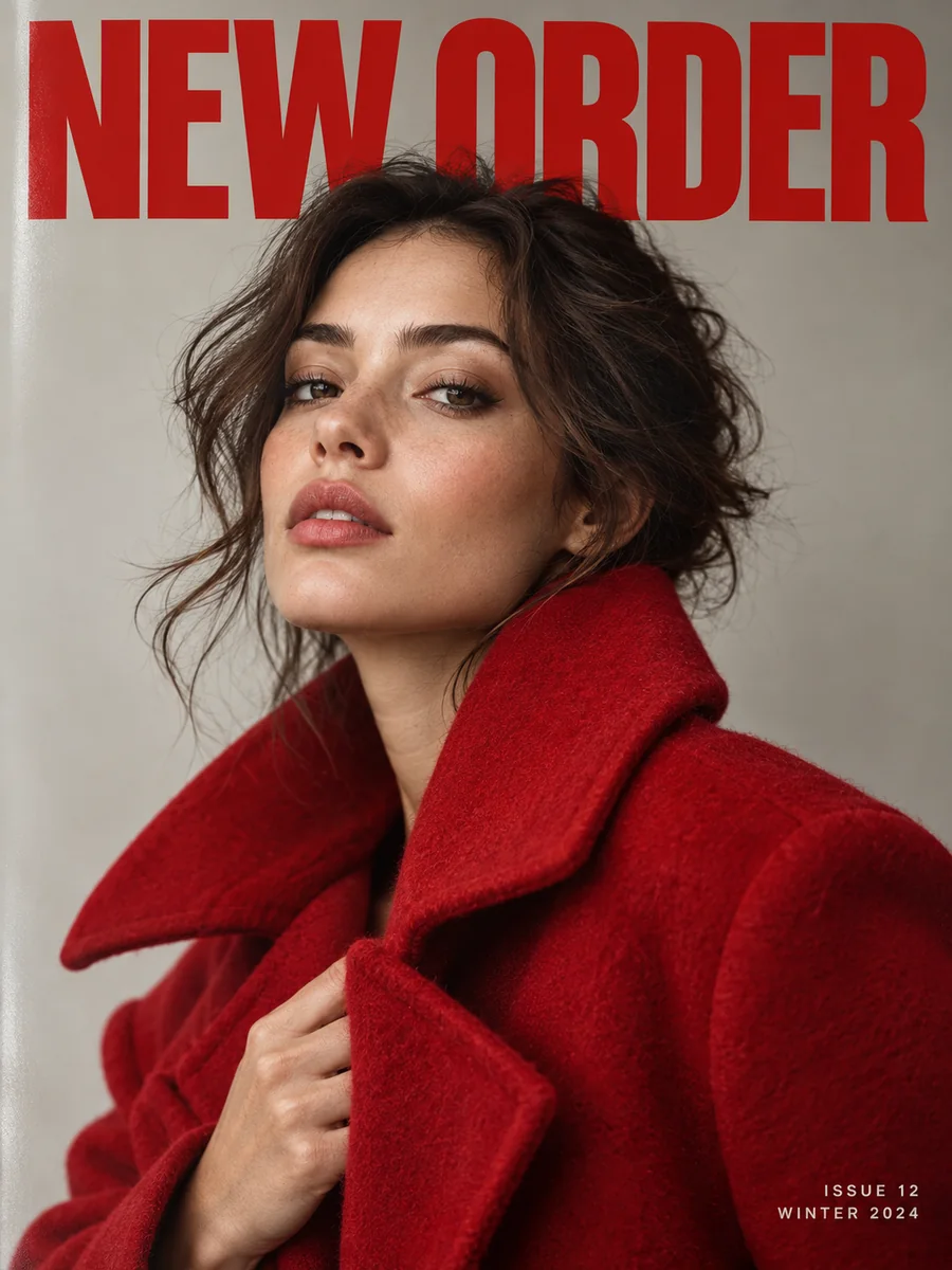 Magazincover mit Frau im roten Mantel