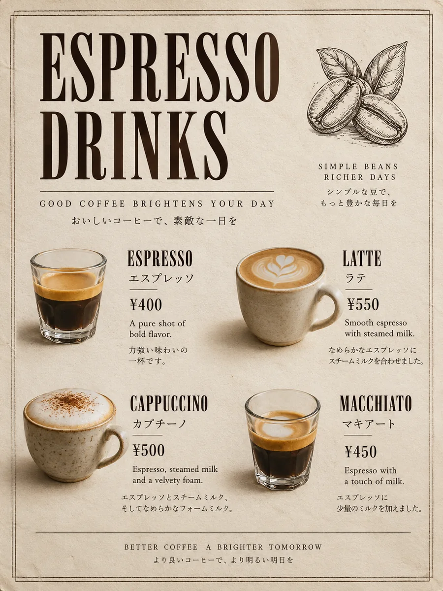 Kaffeekarte auf Englisch und Japanisch