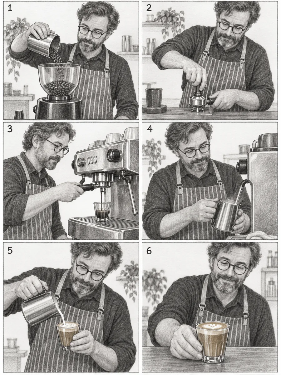 Barista-Storyboard mit sechs Bildern