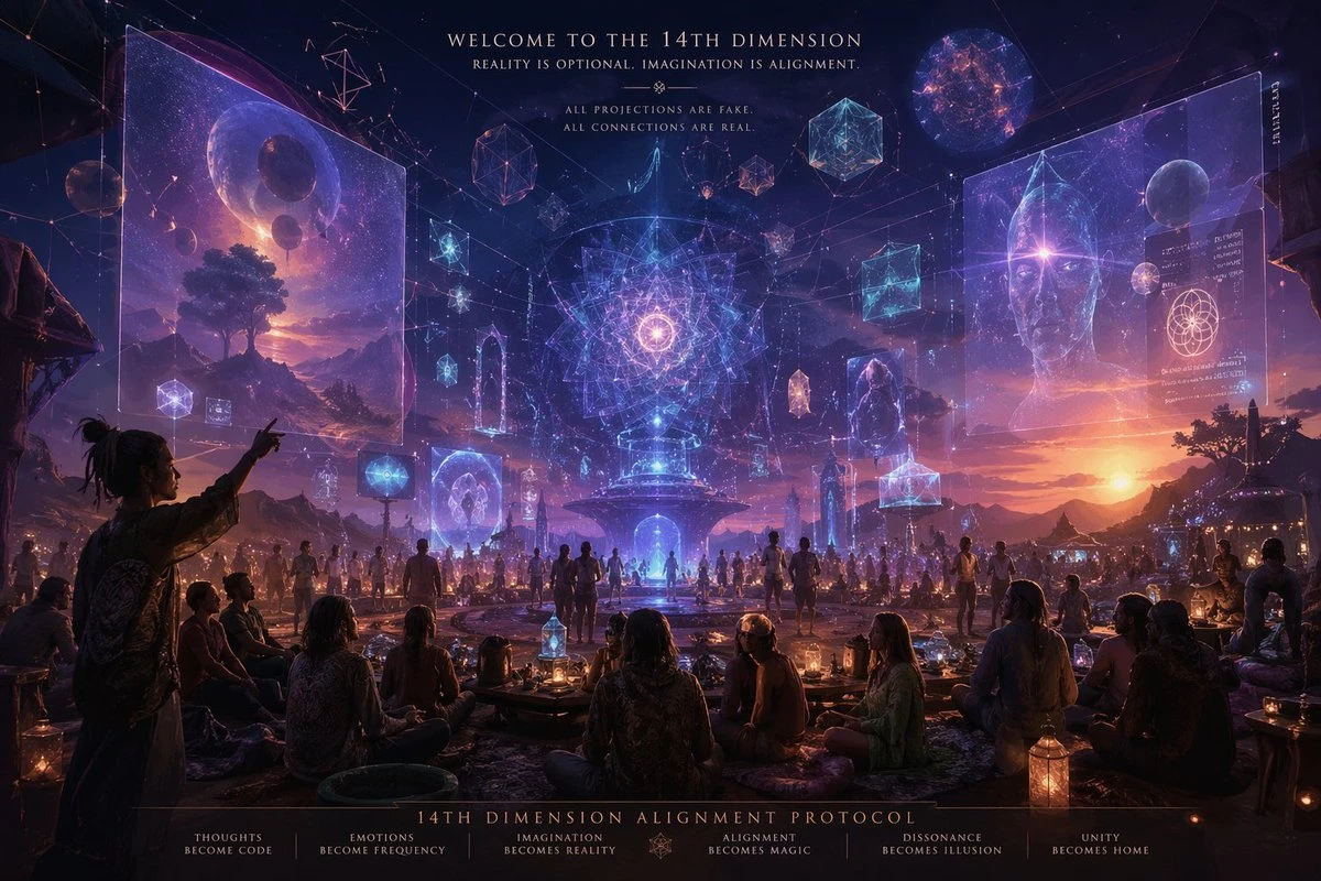 A vibrant dusk scene features a gathering of people surrounded by glowing projections and cosmic visuals representing the 14th dimension