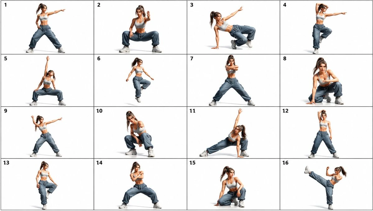 A slim athletic dancer in a white sports bra and baggy blue-gray joggers poses in 16 dynamic dance positions on a white background