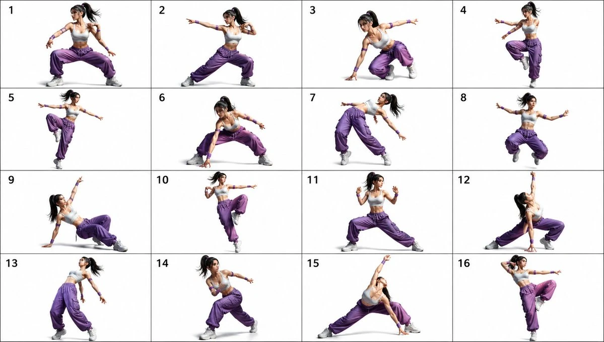 A fit young adult female dancer showcases 16 dynamic hip-hop dance and combat poses against a plain light gray backdrop