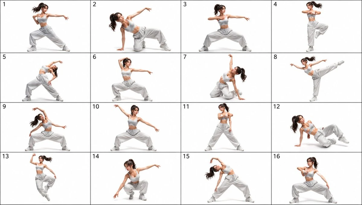 A grid of 16 dance poses features a young adult female dancer in a light gray sports bra and baggy sweatpants against a seamless white background
